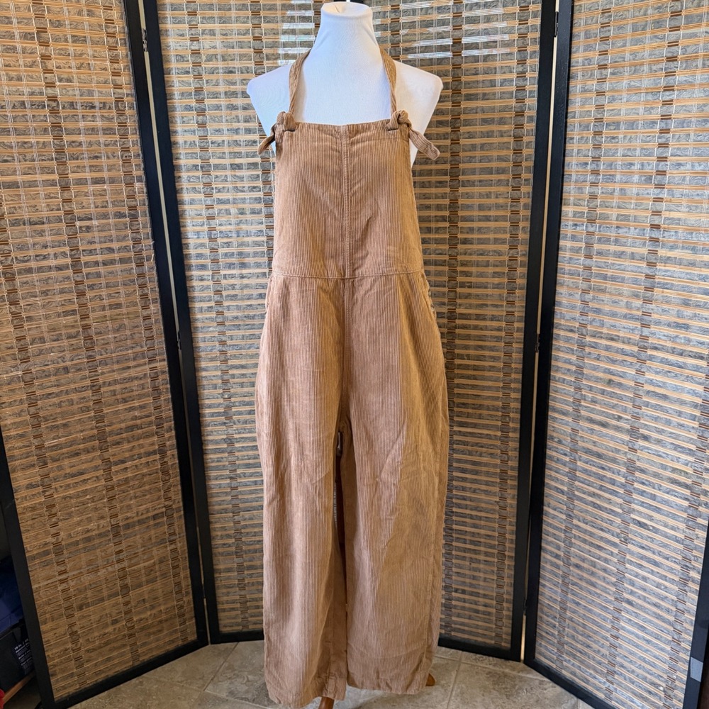 Faherty Corduroy Overalls Women Large Tan Wide Leg Halter Tie Jumpsuit Boho